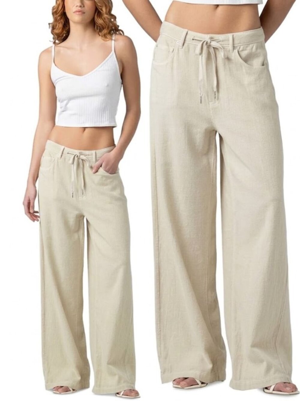 Blank NYC Drawstring Baggy Wide-Leg Pants Linen Cotton Blend Beige Size 26